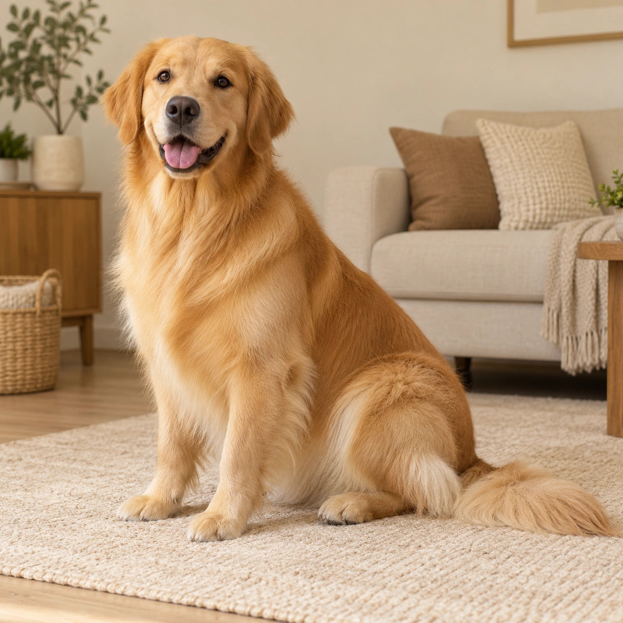 Golden retriever med genomkammad päls efter borstning