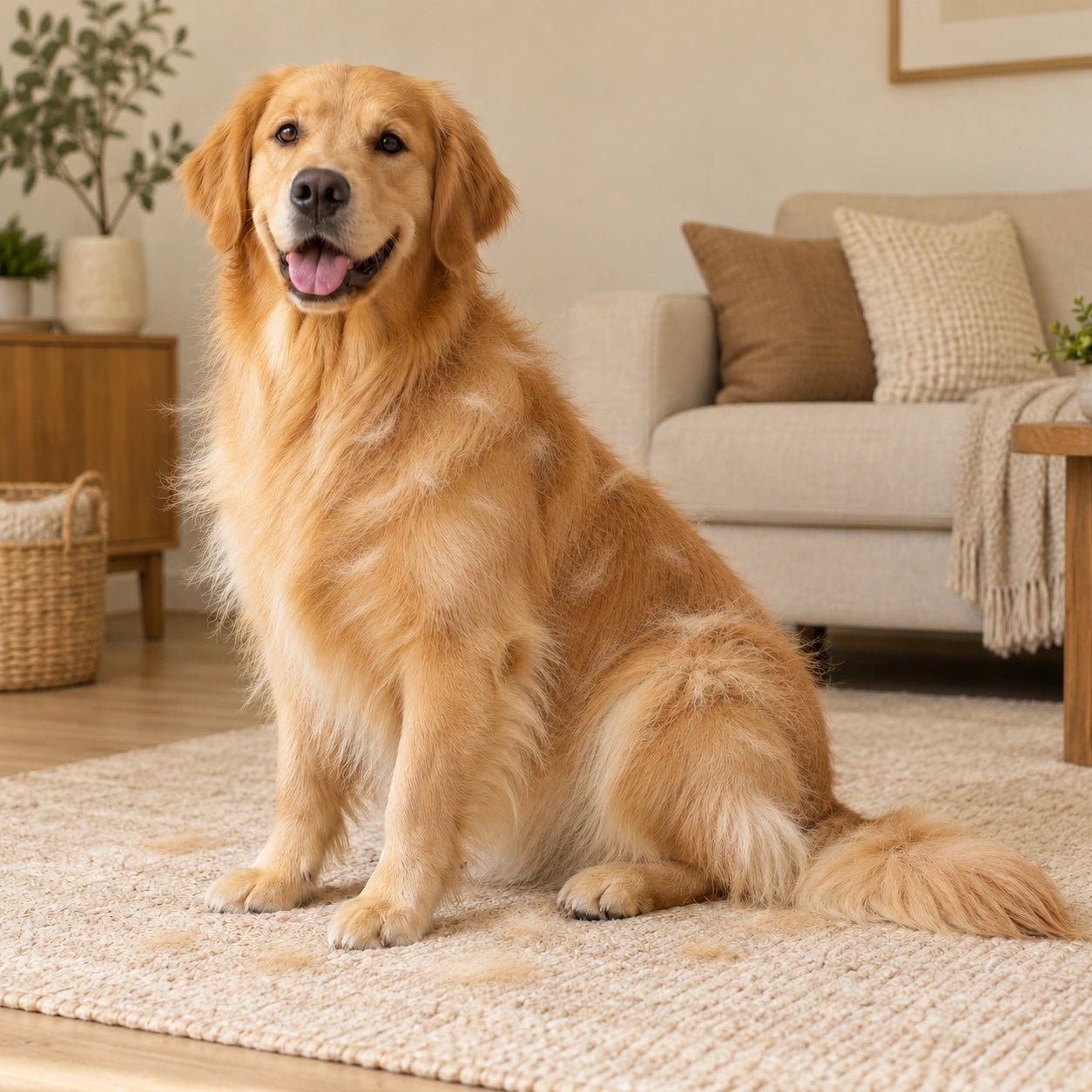 Samma golden retriever med lös päls före borstning